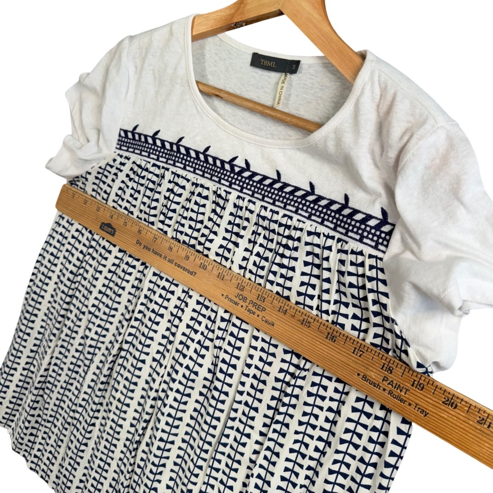 THML Top Womens S White Blue Embroidered Mixed Media Boho Coastal Chic‎ Blouse - Picture 7 of 9